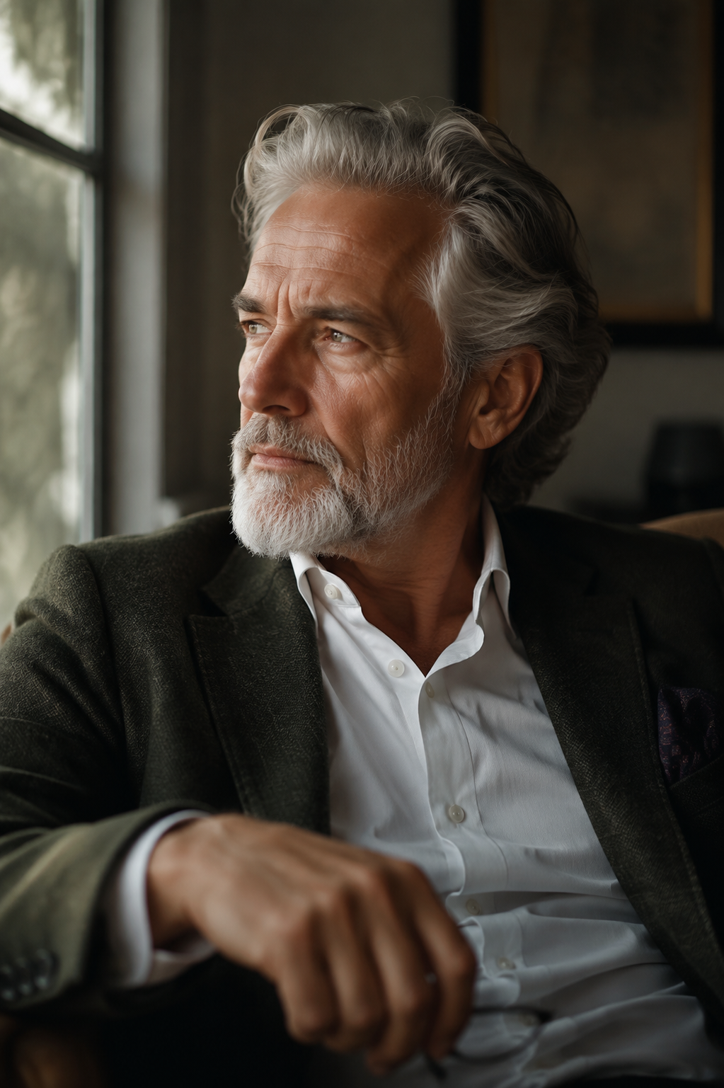 Senior man reflecting by window